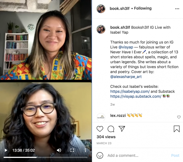 A screenshot of an Instagram story featuring two Asian women (myself, and Christine from book.sh3lf on Instagram).