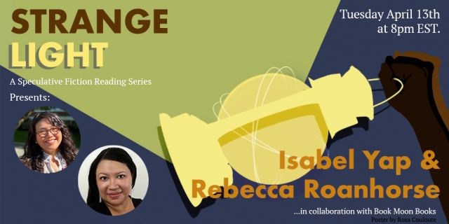 An event poster for a virtual reading hosted by Book Moon Books.